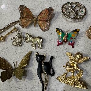 Vintage Mixed Brooch Lot - Colorful Butterflies, Cat & Angel Pins